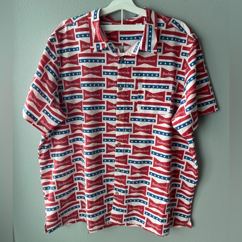 Shinesty white red Budweiser logo short sleeve button down shirt Men’s sz 3X